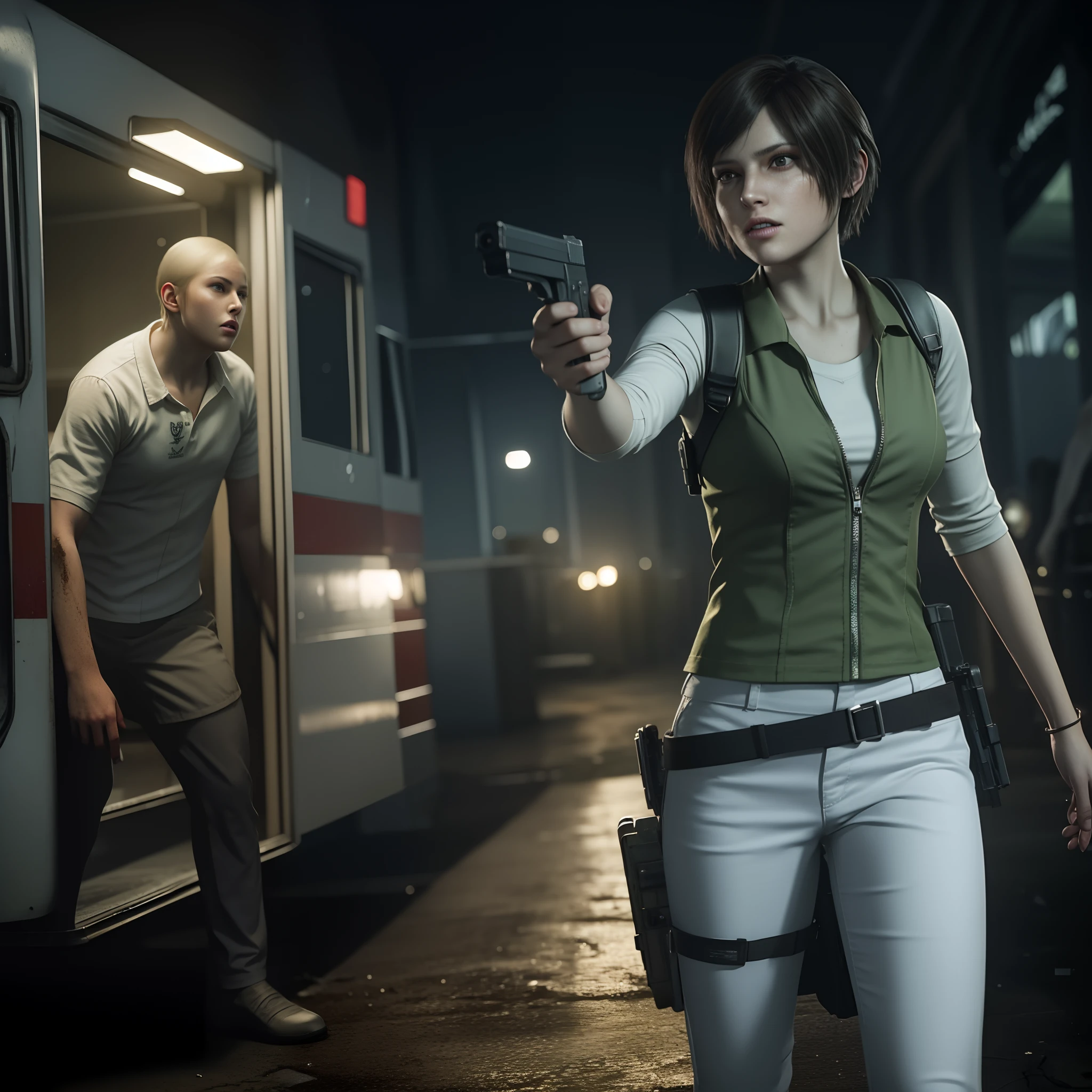 Best quality, ((Rebecca chamber from resident evil)), short bob hair, white jeans, beautiful face, green vest, glare