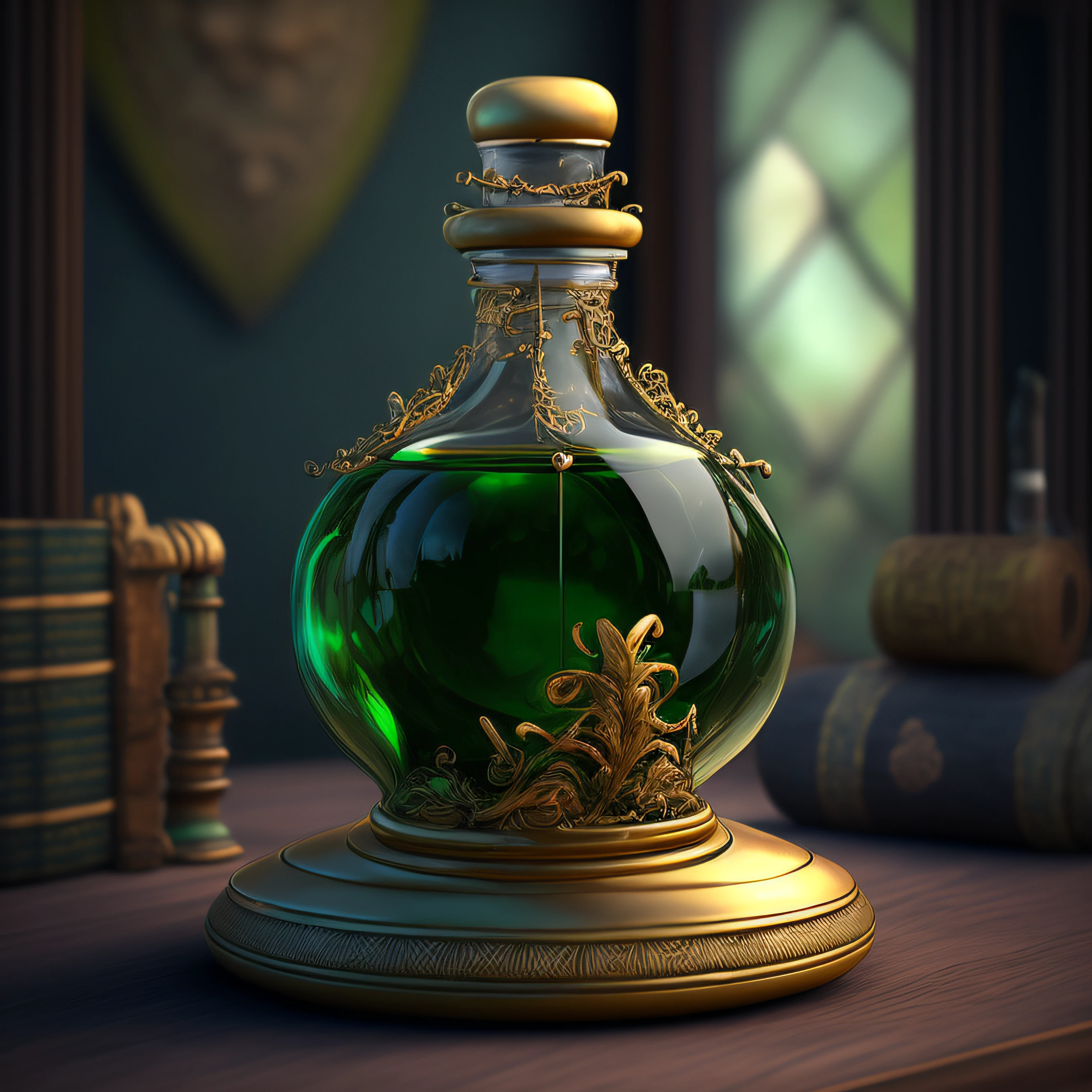 there is a green glass bottle