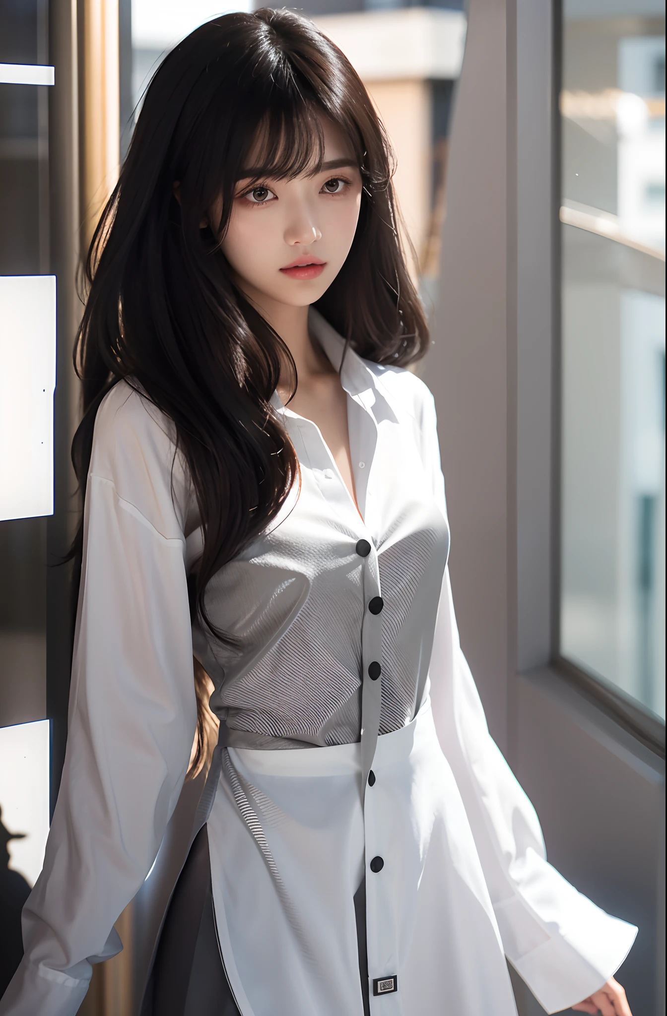 1girll, Solo, Long_Hair, Looking_at_peeping at the viewer, shirt, black_Hair, brown_Eyes, Closed_Mouth, White_shirt, The upper part of the body_Body, parted_Lips, Grey_Background, Blurry, black_Eyes, Lips, dress_shirt, Blurry_Background,, web_address, Realistic, Nose depth of field, 独奏, ((tmasterpiece))
