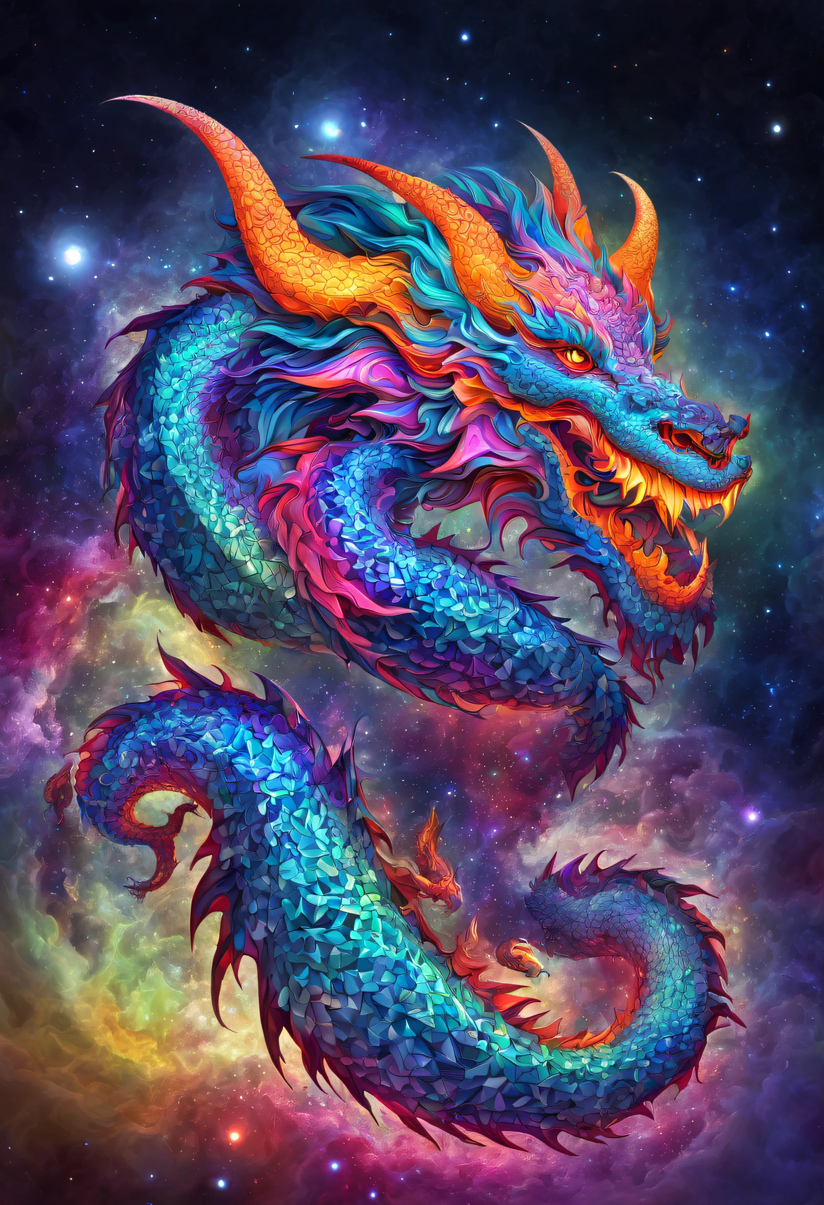 (psychedelic art in drdjns style), a cosmic dragon consisting of a myriad of microscopic geometric shapes, digital artwork, 8k, hdr, masterpiece, sharp quality and outlines, vibrant colors