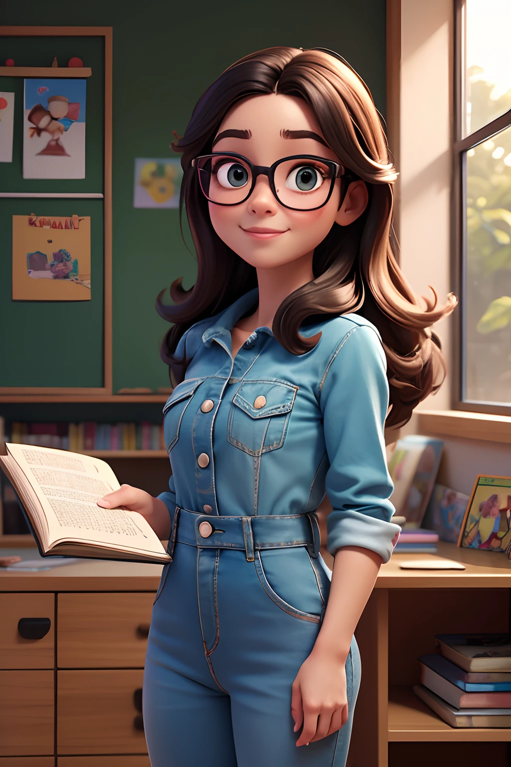 mulher arafed , NEGRA, sorridente, bespectacled, in denin denim jumpsuit, estilo jardineira, blusa cor de rosa, standingn, cabelos cacheados castanhos escuros, pele morena, mulher brasileira, Teaching the children of the nursery, KINDERGARTEN, With the book at hand, Directed by: Nandor Soldier, Directed by: Andrée Ruellan, por Nele Zirnite, foto de perfil. DISNEY PIXAR DESENHO ANIMADO EM 3D