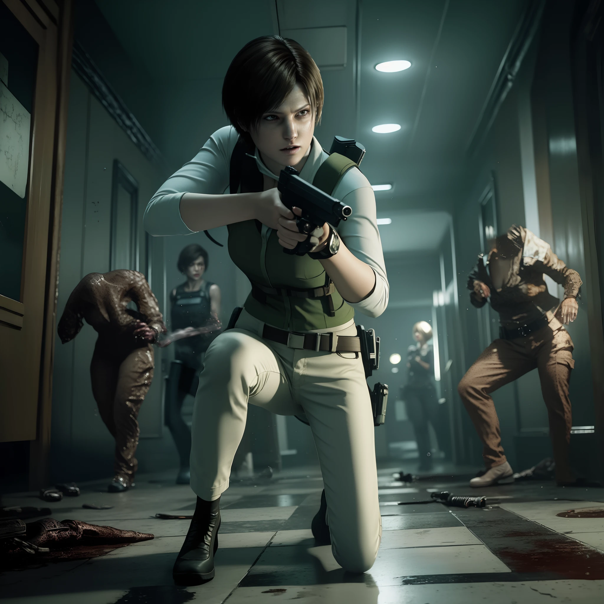 Best quality, ((Rebecca chamber from resident evil)), short bob hair, white jeans, beautiful face, green vest, glare, holding a gun