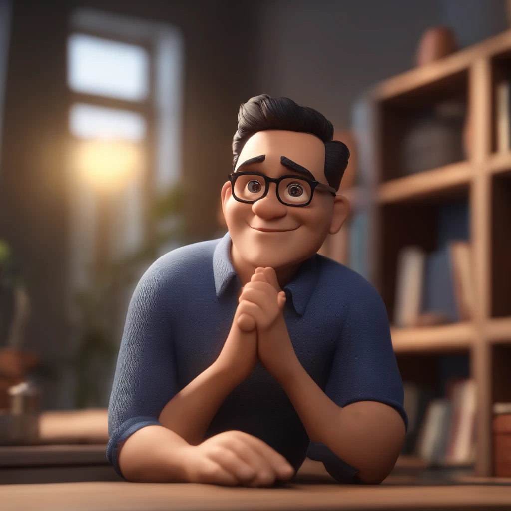 Cartoon character of a man wearing black glasses and a blue shirt, um personagem animado, Caractere estilizado, animation style rendering, 3D estilizado, Arnold Maya render, 3 d render stylized, toon render keyshot, Personagem 3D, Personagem 3D, 3d rendering stylized, 3 d character render, personagem de desenho animado, Personagem de close up, Pose de personagem, (Estilo Pixar) (master part:1.2) (Bokeh) (best quality) (pele detalhada) (textura detalhada) (8k) (argila) (Cinematic lighting) (foco nítido,Senta e vaza a parte superior do corpo