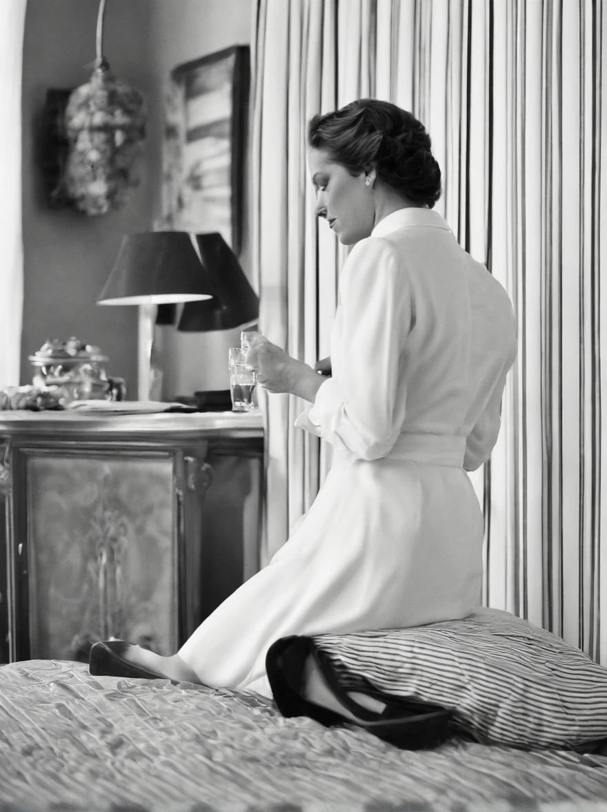 lying women in bed, Next to the lamp, all-fours,『Pulp Fiction 1994』, dramatic smoking pose, Smoking a paper cigar, Holding a paper cigar, Wearing a black suit jacket, White button shirt, Black pants, Black tie, Smoke and fog, Cinematic, Looking at the camera