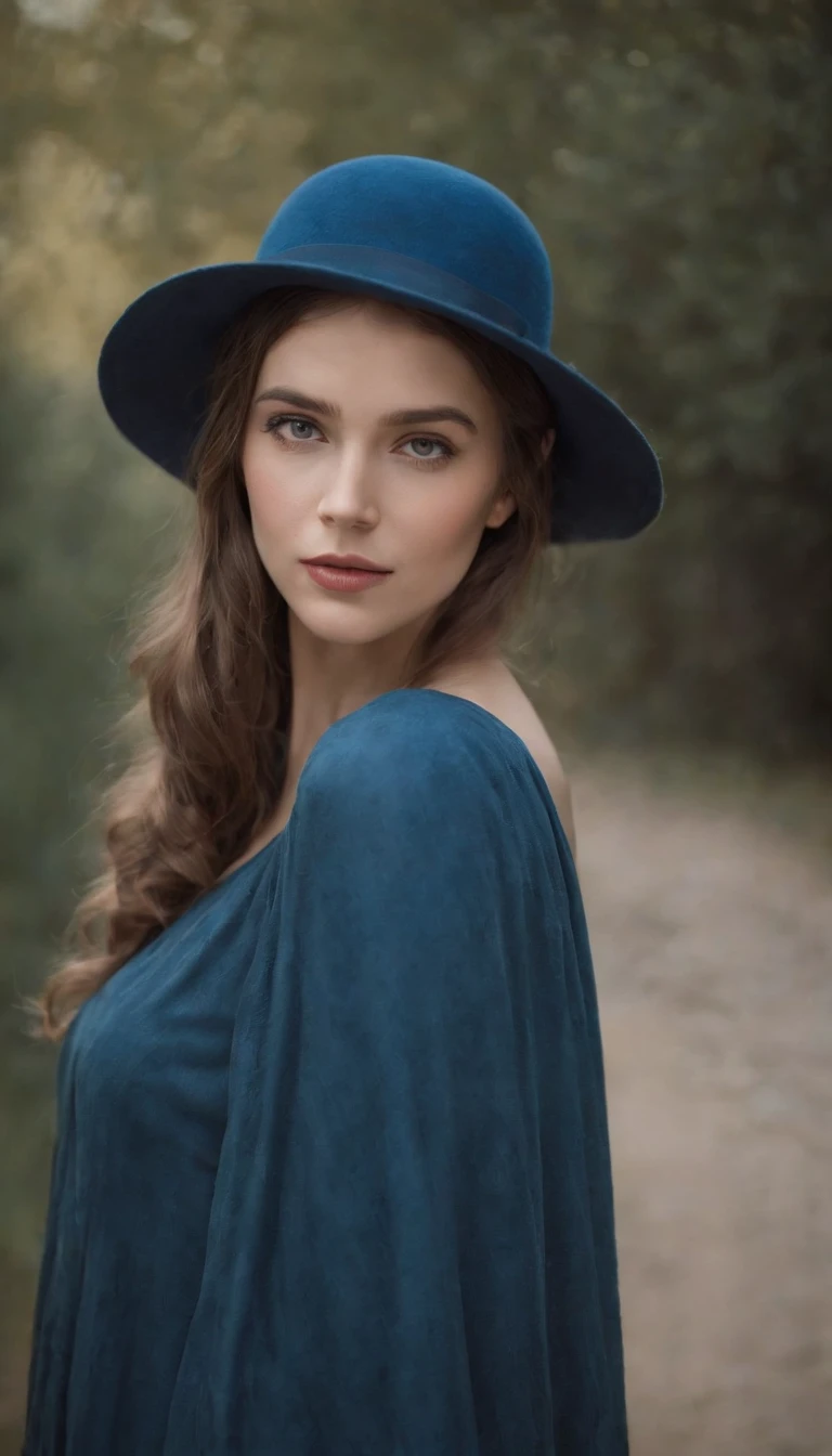 Woman in blue hat, In the style of detailed atmospheric portraits, mistura molhado sobre molhado, Escola de Fotografia de Dusseldorf, Arte otomana, pinturas marinhas realistas, pontilhado, pre-raphaelitism