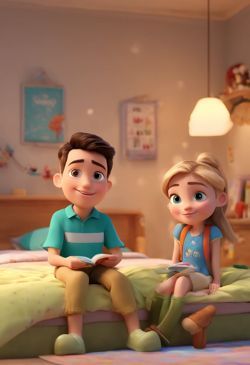 Create characters in the Disney Pixar style with the following characteristics: Two friends, One has blonde hair and green eyes, the other has brown hair tied up and small brown eyes. They are sitting on the bed in a children's room