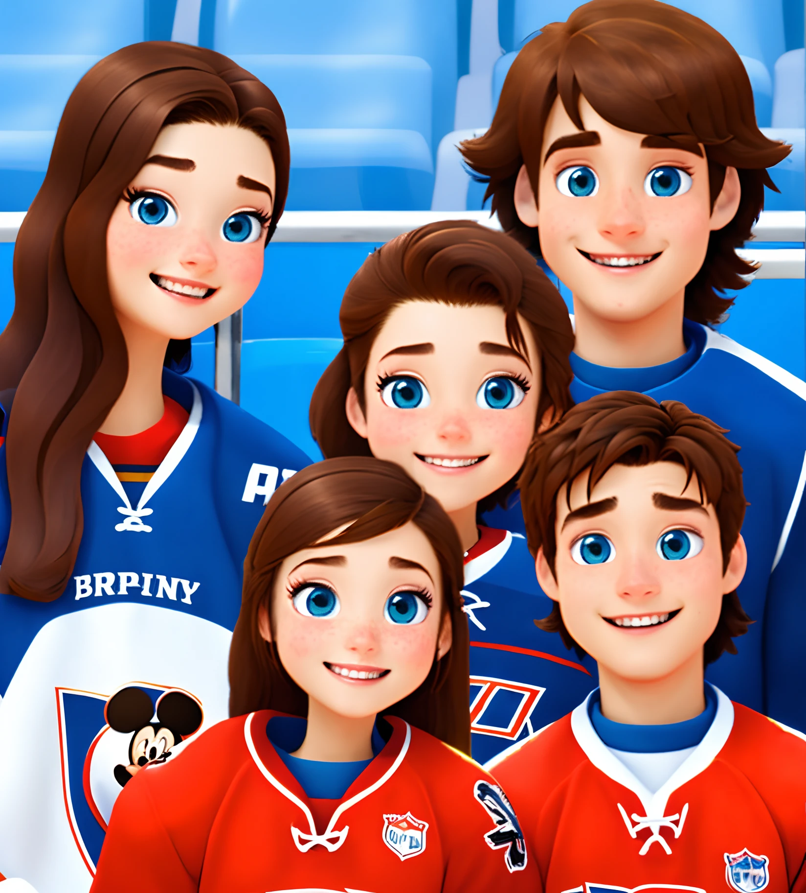 disney pixar couple girlfriend with brown long hair and brown eyes and freckles with boyfriend with blue eyes and brown short hair watching a ice hockey game