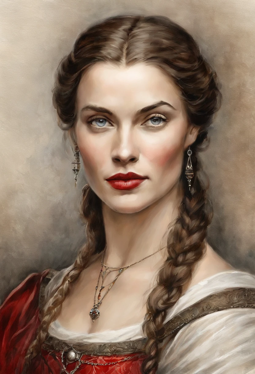 Portrait of a very beautiful medieval young woman Mirena from the movie Dracula Untold (2014), female image of Mirena from the movie Dracula Untold (2014), rosto muito bonito e esguio de Sarah Gadon, longos cabelos loiros grossos, Seu cabelo brilha de ouro, ela usa uma bela roupa medieval europeia , camisa de linho branco com mangas de cotovelo, cinza escuro e espartilho apertado, Low and wide red leather belt around his Dracula Untold waist (2014), olhos azuis, Dark gray shadows on your eyelids, thick black long eyelashes, sharp cheekbones, Beautiful sexy red lips, around the 15th century, the middle ages, esta mulher tem vinte e seis anos -
