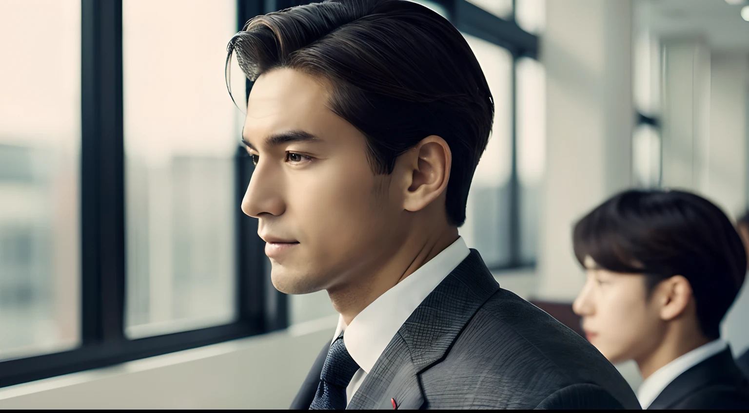 best qualtiy，Jeizuo，超A high resolution，（fidelity：1.4），Original photo，Handsome 30's president style　Hairstyle short-haired　Business suits　The face is looking straight ahead　The background is office