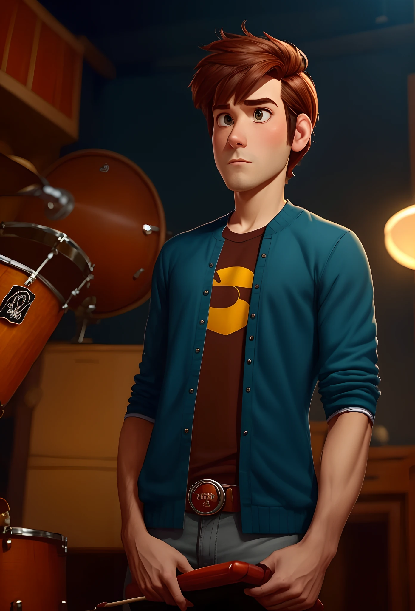 Personagem estilo pixar masculino, 15 anos de idade, com roupa preta tocando bateria concentrado, cabelo castanho escuro cortado um pouco dos lados e um pouco maior em cima, olhos castanhos claros