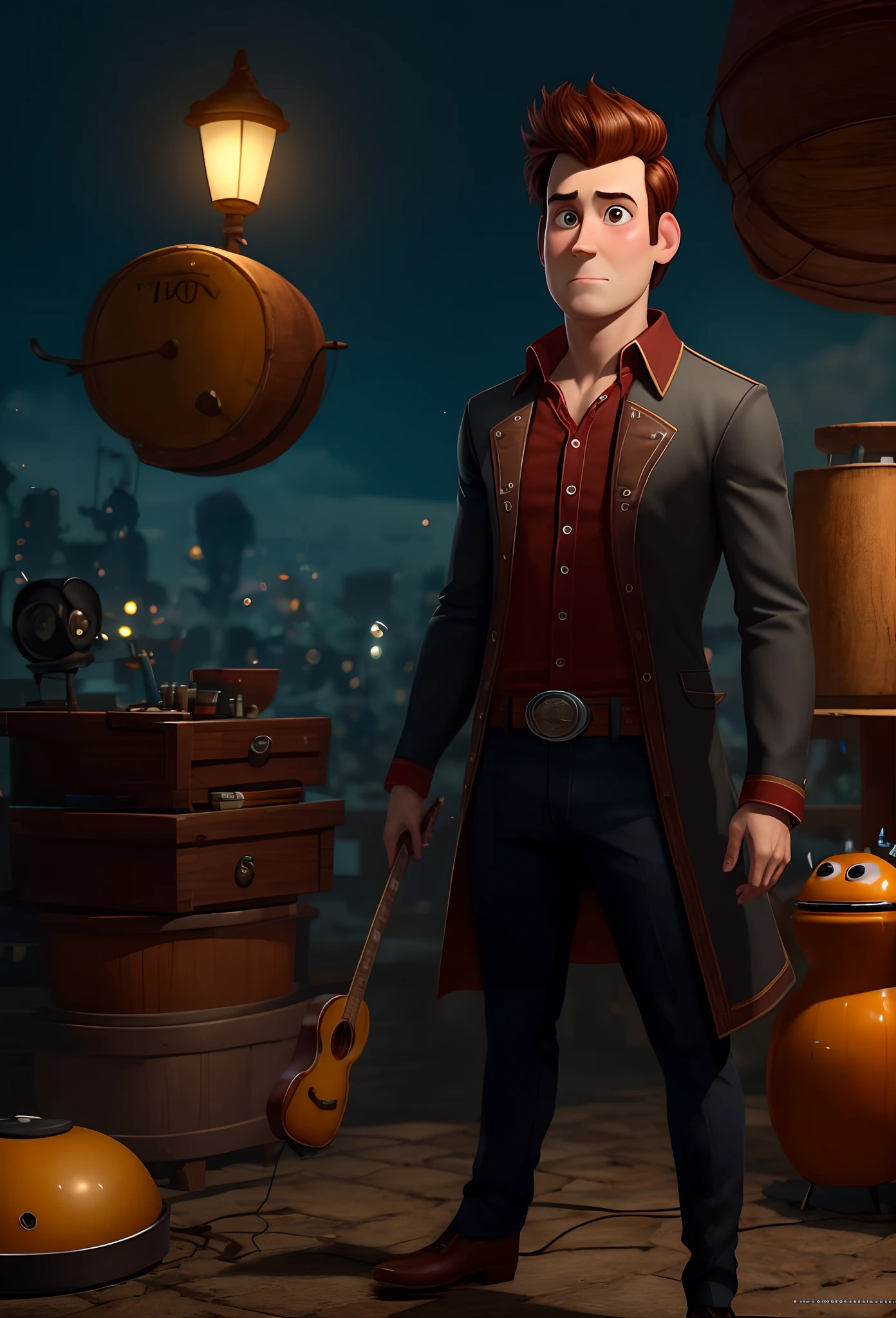 Personagem estilo pixar masculino, 15 anos de idade, com roupa preta tocando bateria concentrado, cabelo castanho escuro cortado um pouco dos lados e um pouco maior em cima, olhos castanhos claros