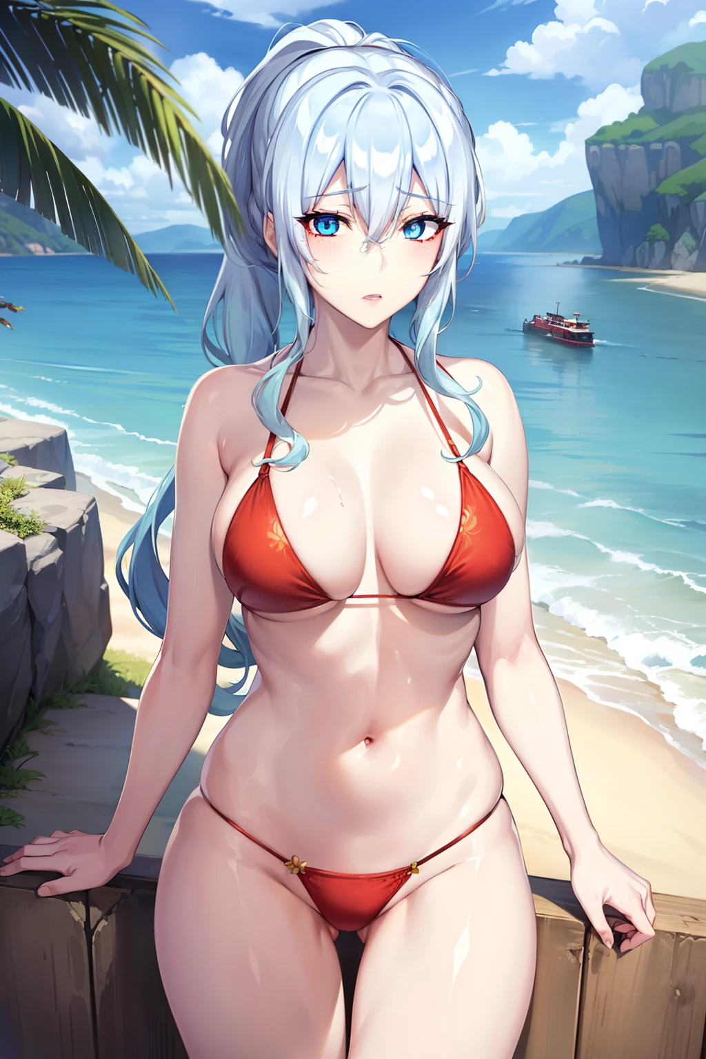 Yukio Yukino, Yuna Yukino, Long hair, Bangs, Blue eyes, hair between eye, Blue hair, Ponytail,looking at the viewers, (Cowboy Shot:1.5),BREAK (masutepiece:1.2), Best Quality, High resolution, Unity 8k壁纸, (Illustration:0.8), (Beautiful detailed eyes:1.6), extra detailed face, Perfect Lighting, extremely details CG, (Perfect hands, Perfect Anatomy),(Red bikini:1.3)、(the beach :1.3)、red blush、embarrassed from、thighs thighs thighs thighs、Bare neck、Bare arms、bare shoulders​、bare elbows、