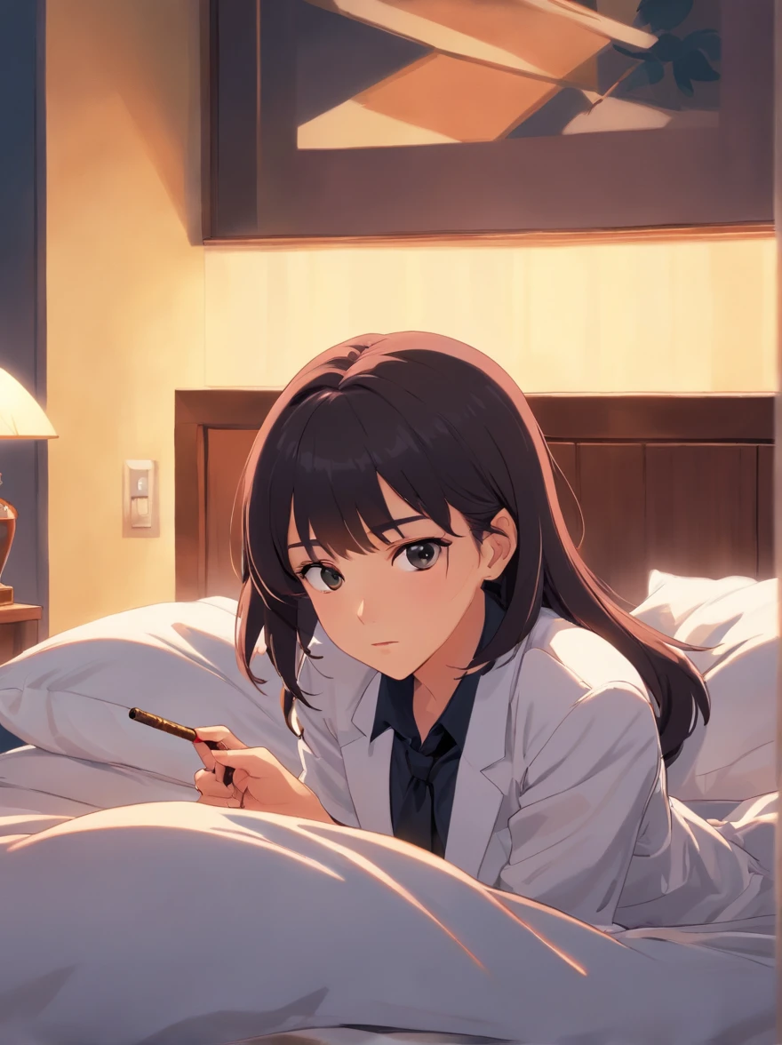 lying women in bed, Next to the lamp, all-fours,『Pulp Fiction 1994』, dramatic smoking pose, Smoking a paper cigar, Holding a paper cigar, Wearing a black suit jacket, White button shirt, Black pants, Black tie, Smoke and fog, Cinematic, Looking at the camera