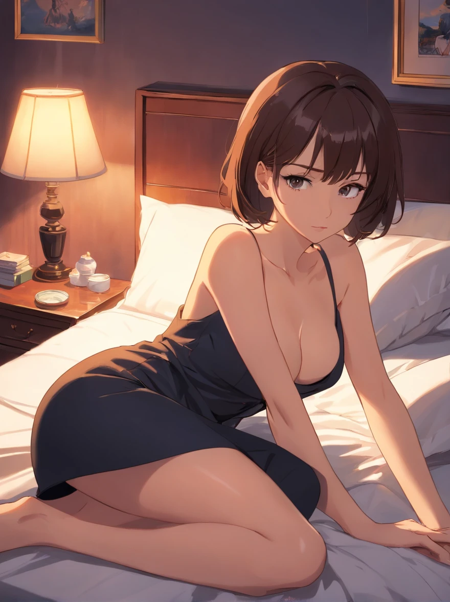lying women in bed, Next to the lamp, all-fours,『Pulp Fiction 1994』, dramatic smoking pose, Smoking a paper cigar, Holding a paper cigar, Wearing a black suit jacket, White button shirt, Black pants, Black tie, Smoke and fog, Cinematic, Looking at the camera