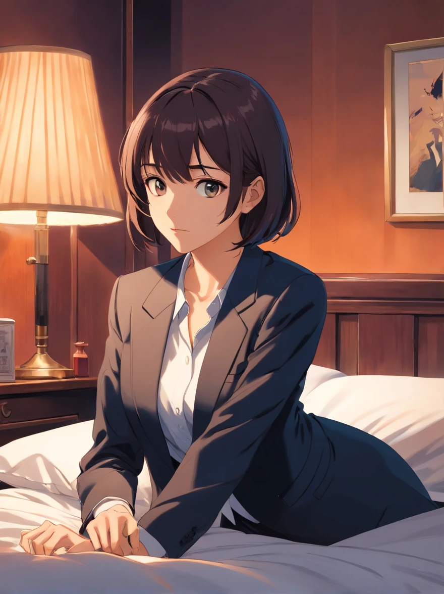 lying women in bed, Next to the lamp, all-fours,『Pulp Fiction 1994』, dramatic smoking pose, Smoking a paper cigar, Holding a paper cigar, Wearing a black suit jacket, White button shirt, Black pants, Black tie, Smoke and fog, Cinematic, Looking at the camera