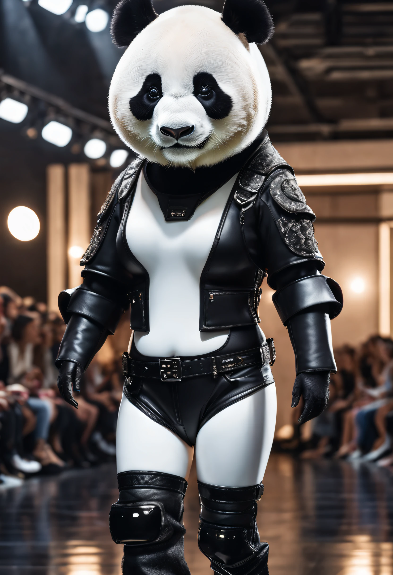 On the runway of a fashion show, Big female Panda at fashion show, Model Walk, ramp walk, Photorealistic light and shadow, Luxurious space, Make eye contact with your audience, Cowboy Shot, ray tracing, reflection light, glowing light, best quality, highres, textured panda skin, super detail, 16k