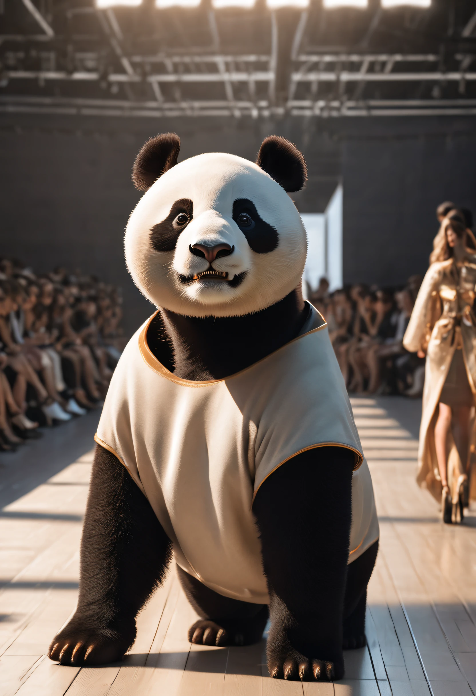A beautiful panda wearing shorts and skirt cloth walking down the runaway at a fashion show,