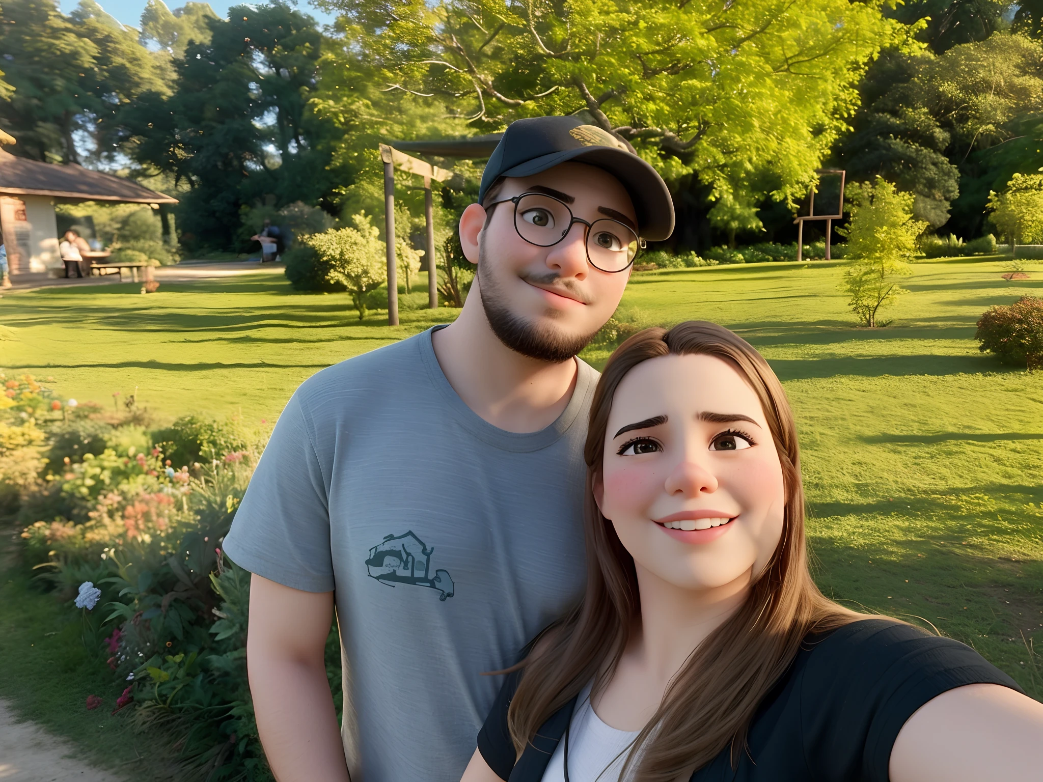 They are posing for a photo in a park, Parque em segundo plano, Tyler Edlin e Natasha Tan, standing in a botanical garden, com um parque ao fundo, Fotografia tirada em 2 0 2 0, Ruan Jia e Mandy Jurgens, vacation photo, retrato de casais, taken in the early 2020s, Fotografia selfie 8k