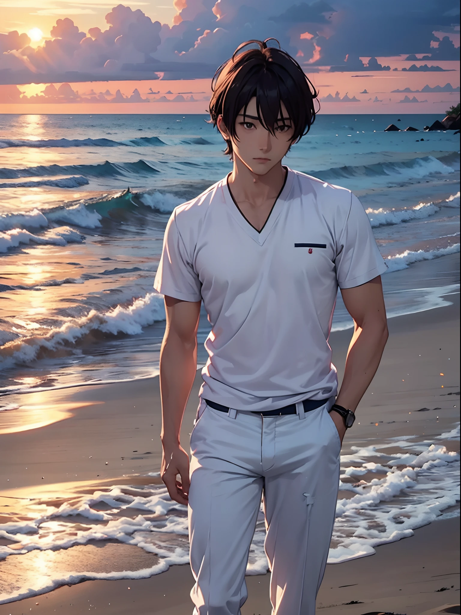 handsome anime man in casual style clothes, white chinos and shirt, white beach. sunset