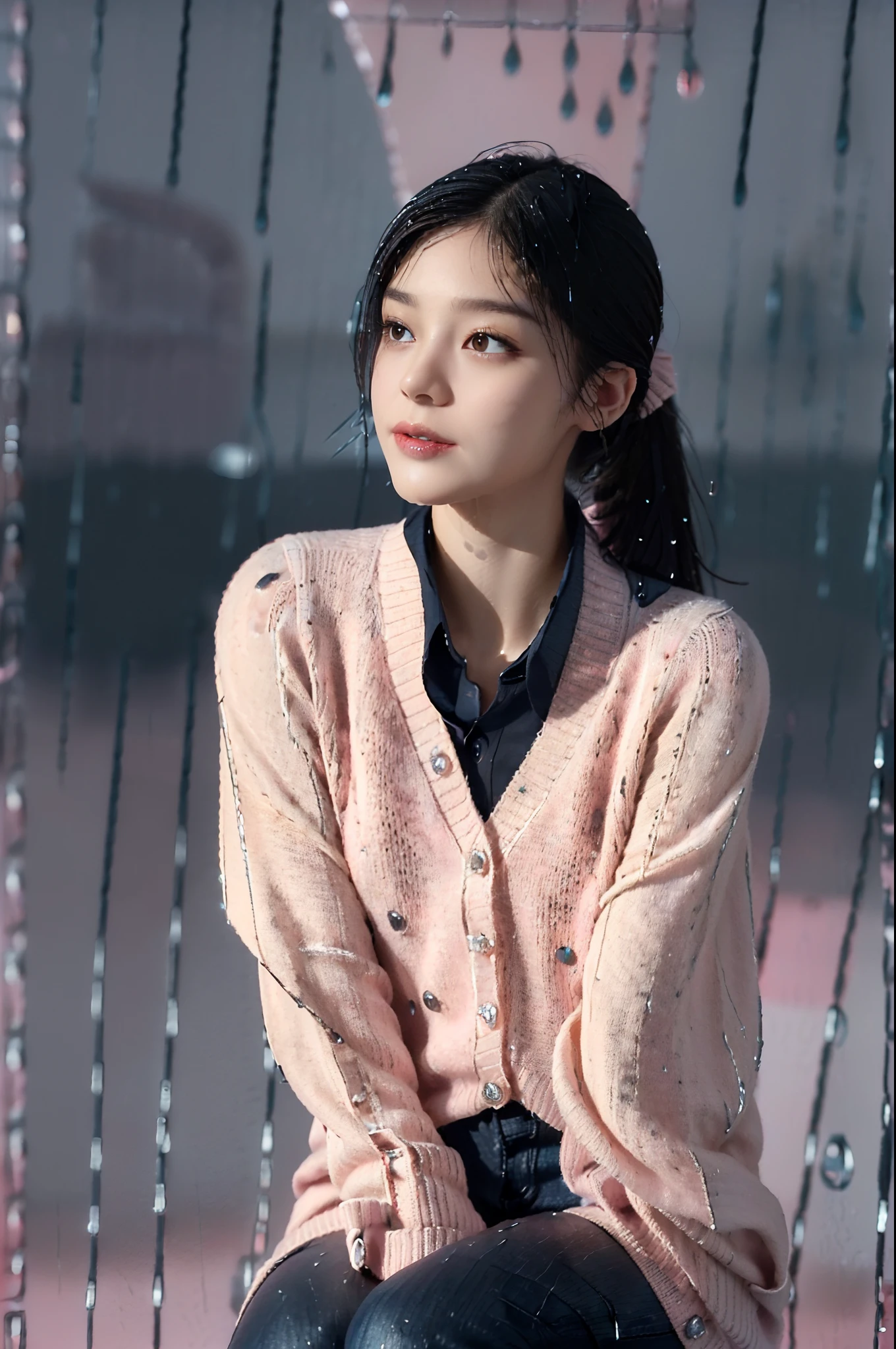 (shoulder length straight short black hair:1.2),((((8k))),(Extremely meticulous CG) ,(wallpaper),16k,(Extremely refined and beautiful），（Masterpiece），（best qualtiy：1.0），（Ultra High Resolution：1.0），beautiful light up，Perfect lightning，realistic shaded，[A high resolution],(Smooth and flawless fair skin:1.5),Extremely exquisite facial details,(perfect body：1.1),ultra - detailed,A beautiful girl,small head,(very short ponytail:1.2),(Small breasts:1.1),Flat chests，slim，thin，Smile，cheerfulness,(Pink sweater cardigan:1.5),(white collared shirt:1.4),(denim pants:1.3),(black boots:1.2),slender legs,(nightfall:1.5),Sunset light,(Surrounded by a crowded crowd:1.5),At the school gate,(close-up of upper body:1.0),from front,(rainy weather:1.5),