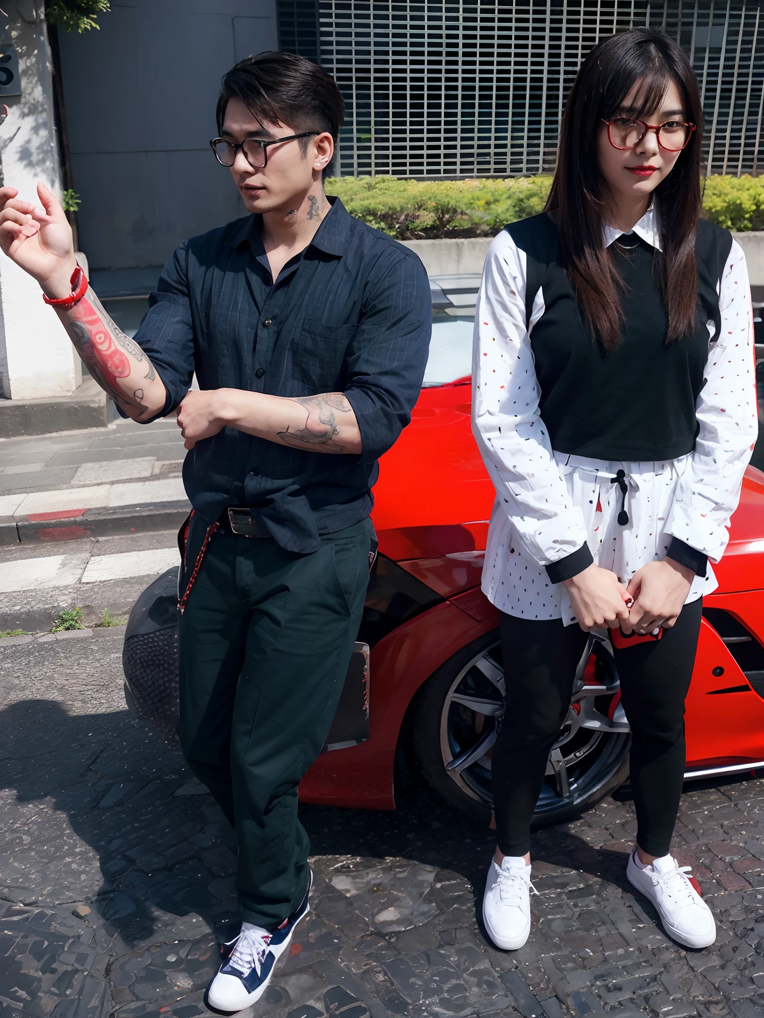 Real Japan cute girl with red lips glasses and handsome man tatto on his arm