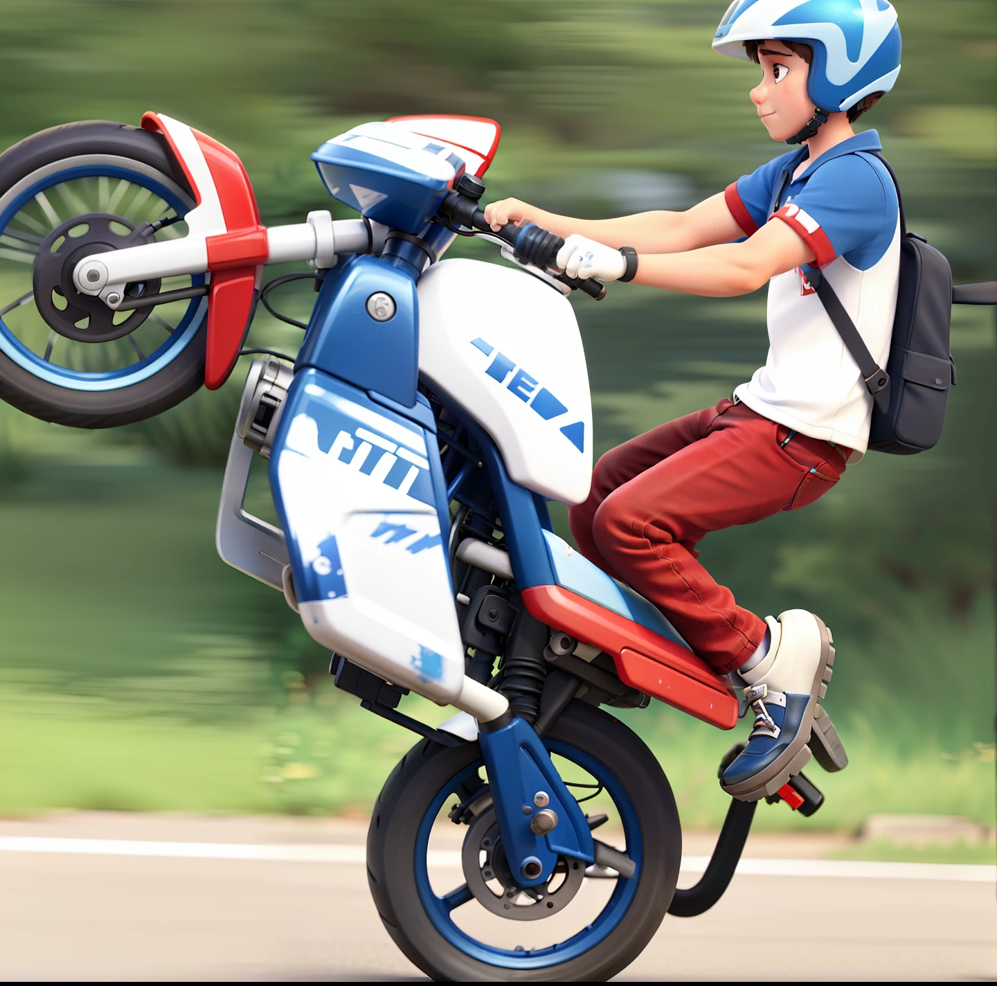 A boy is wheeling a red, blue and white motorbike on a street. He firmly grips the handlebars, enquanto a moto se ergue nas rodas traseiras, criando uma imagem emocionante de destemor e habilidade.