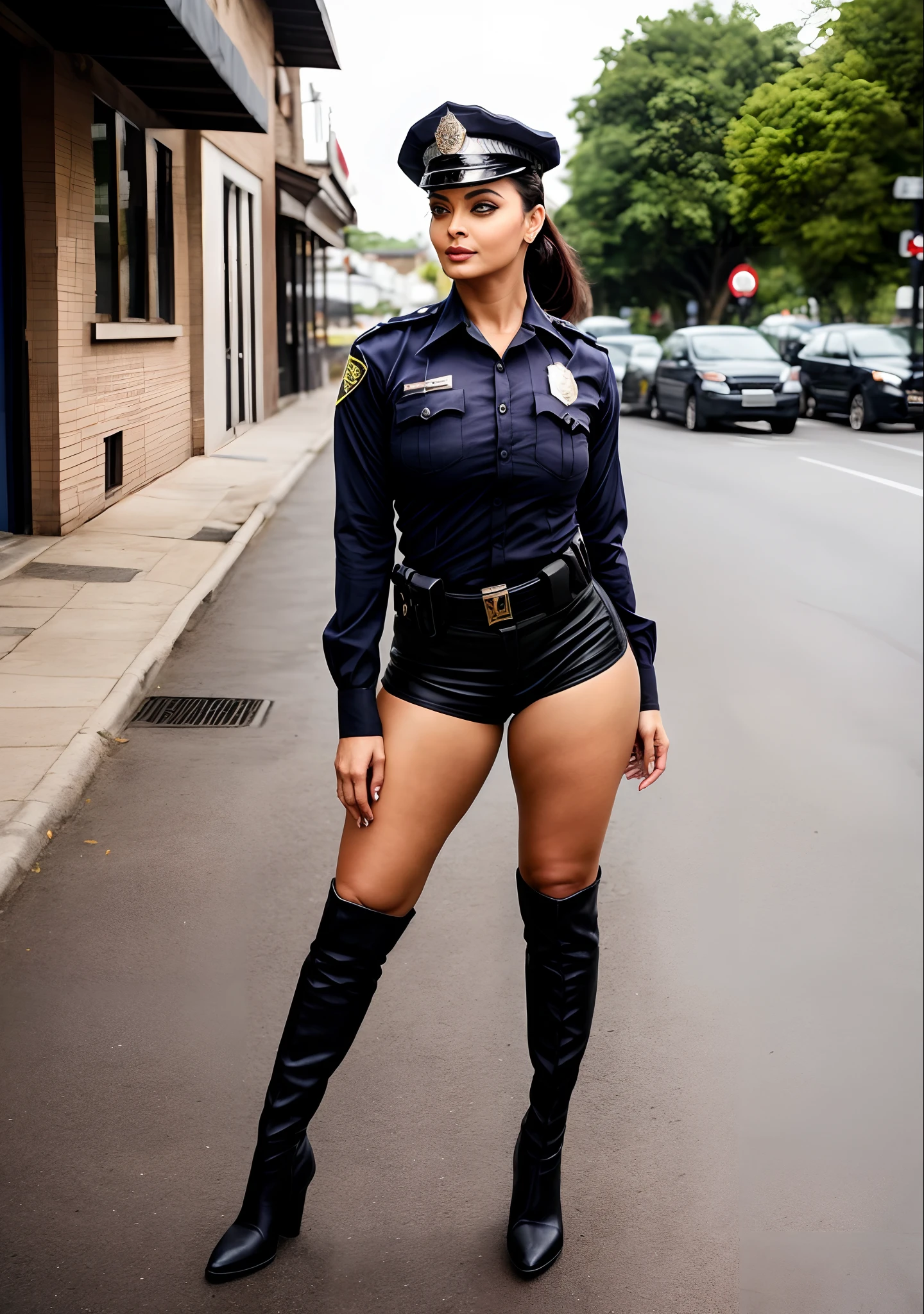 Day scene, full body aishwarya rai, knee high boots, denim hotpants, black shirt, police lady, police cap, 49yo milf, athletic curvy milf figure, hourglass figure, posing in street, sexy jawline, seductive face, look straight at camera, black ponytail hair, (ArtStation:1.2)