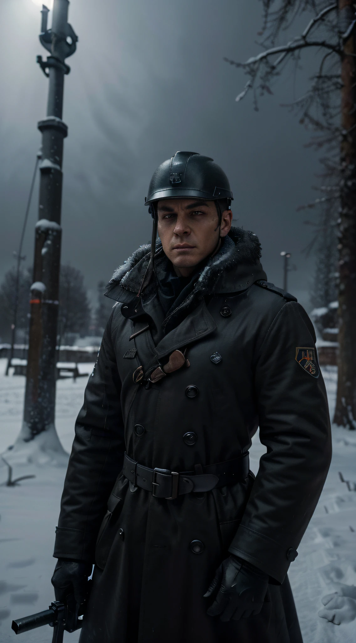 (best quality,4k,8k,highres,masterpiece:1.2),ultra-detailed,(realistic,photorealistic,photo-realistic:1.37),Cold Nazi Soldier, menacing, holding MP40,steel helmet,sharp uniform,piercing gaze,icing-cold breath,winter battlefield,trench warfare,barren trees,crisp air,vivid colors,war,hardened face,serious expression,intense focus,stern demeanor,eerie atmosphere,heavy boots,iron cross,dark shadows,harsh lighting,smoke-filled background,ground covered in snow,attention to small details,accurate historical representation,powerful stance,ss emblem,stormy sky,foreboding presence,ominous aura,bullet casings on the ground,fog rolling in,ominous silence.
