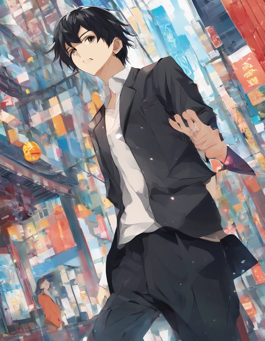 Masterpiece, Best quality, {Best quality}, {{Masterpiece}}, {A high resolution}, Focus, Anime style, Cartoon close-up of a boy, Boy design, Portrait, Gisha, Anime image, short detailed hair, Black hair, Hopeful eyes,, cheerfulness, Polished and powerful appearance, Exotic, Tall,  Smiling, Chic clothing