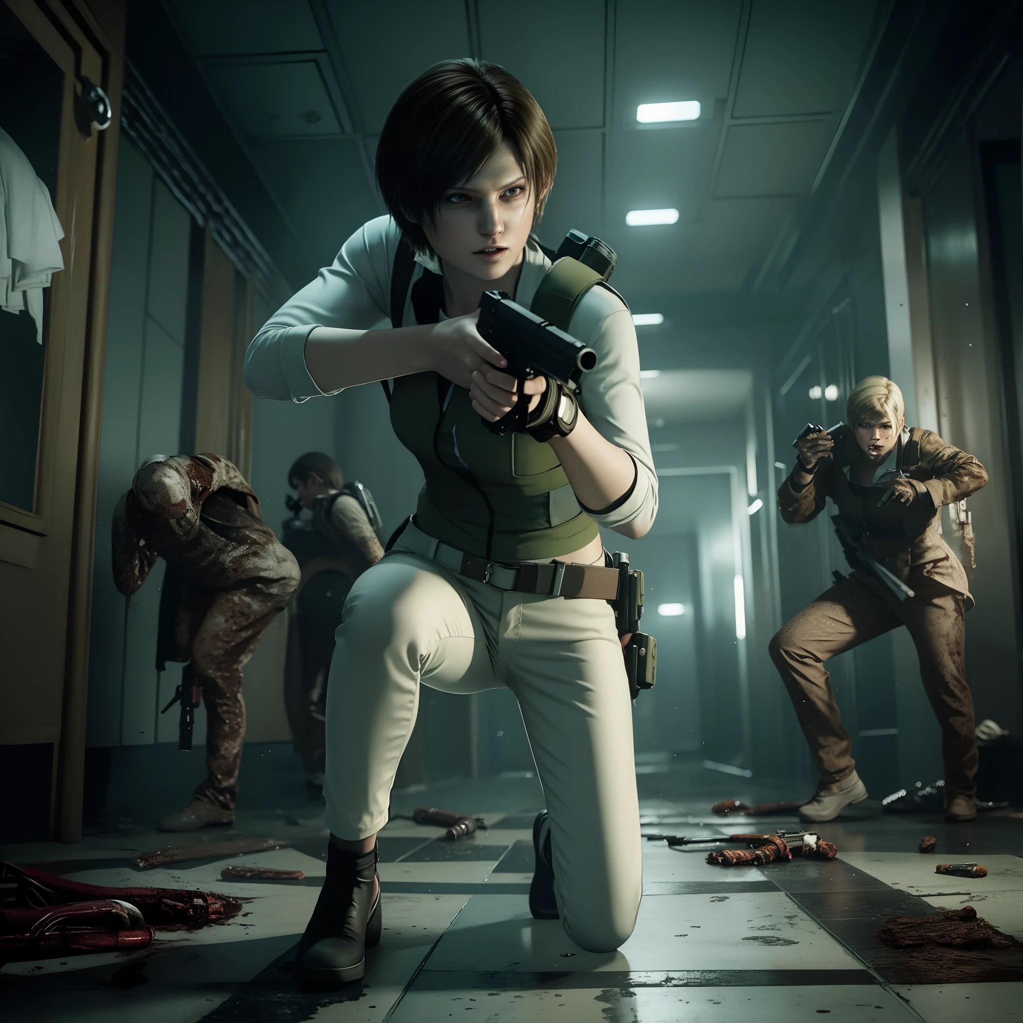 Best quality, ((Rebecca chamber from resident evil)), short bob hair, white jeans, beautiful face, green vest, glare, holding a gun