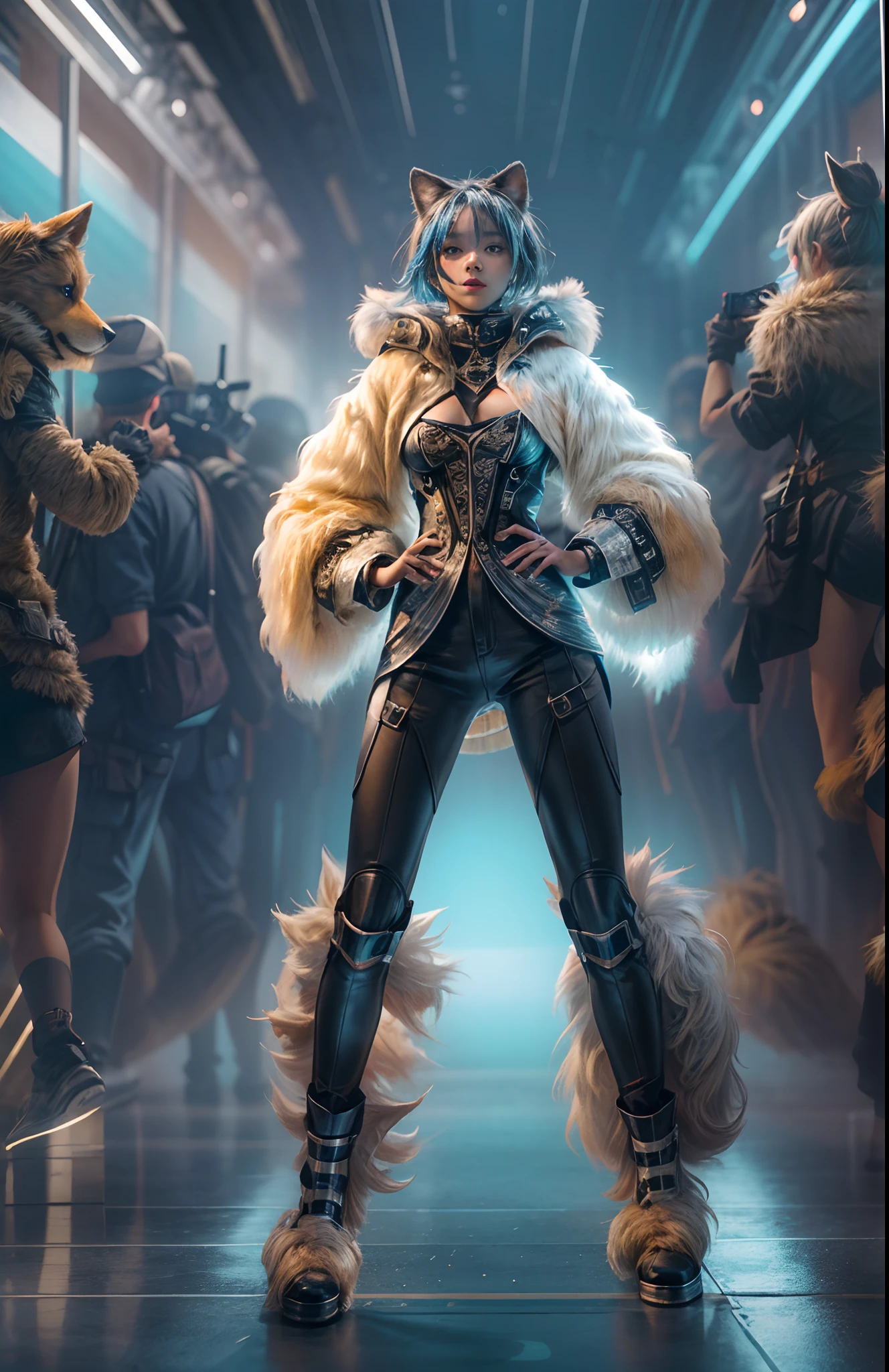 Masterpiece, top-quality, concept art, centered, wide shot, (A state-of-the-art street fashion show with a glittering stage), android fashion girl, avant-garde fashion outfit, furry people cheering as audience, (dystopian setting), (epic composition, epic proportion), studio lighting, vibrant color, HD