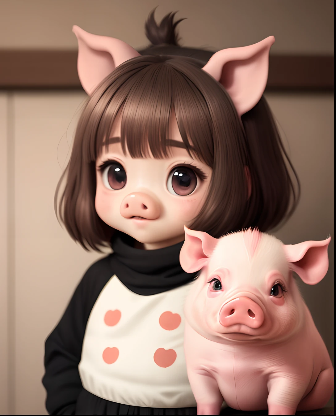 Cute Baby Chibi Anime、(((Chibi 3D))) (Best Quality), (masutepiece)、Chibi pig、In front of a house made of straw in fairytale land、Open your mouth and smile、A detailed face、Standing、