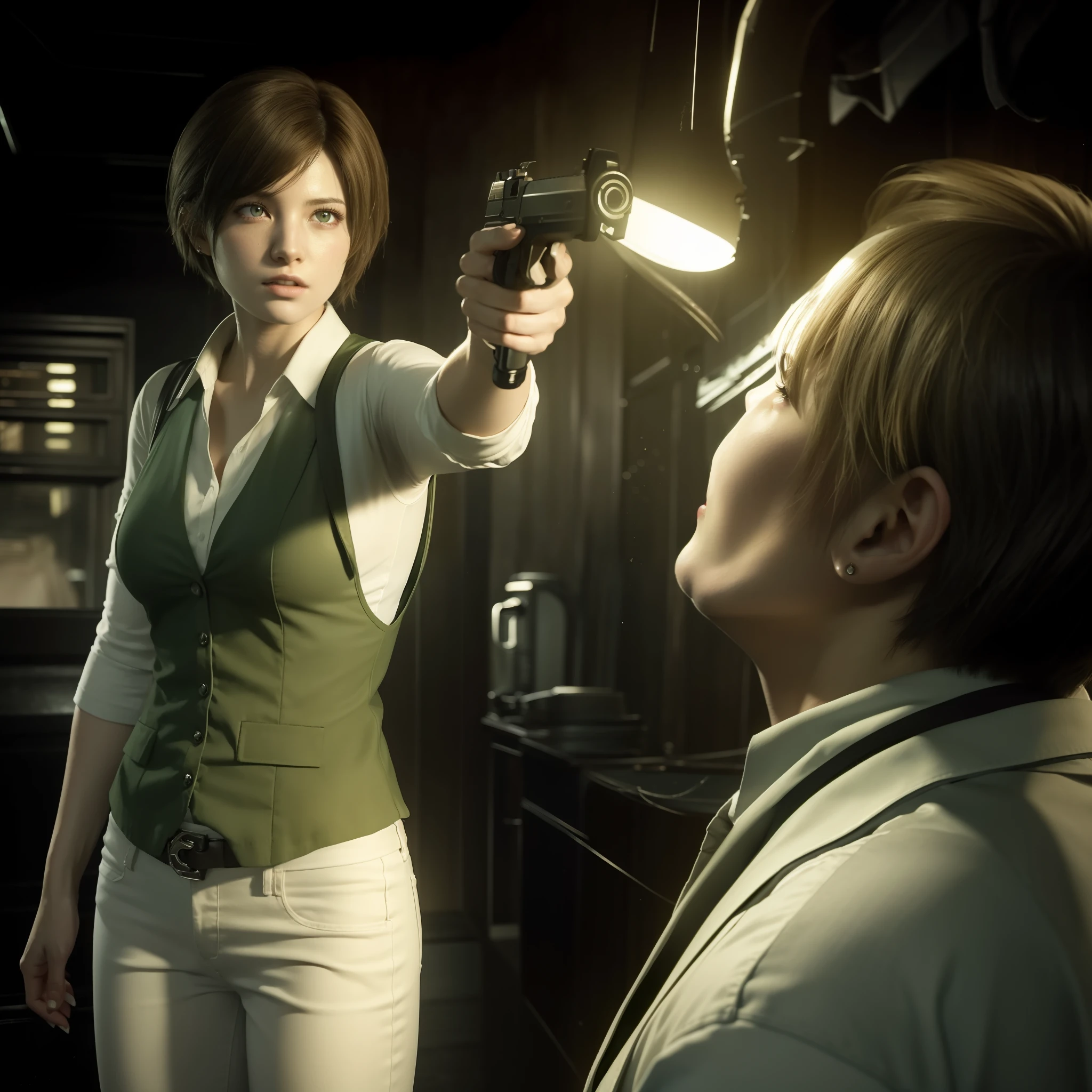 Best quality, ((Rebecca chamber from resident evil)), short hair, white jeans, beautiful face, green vest