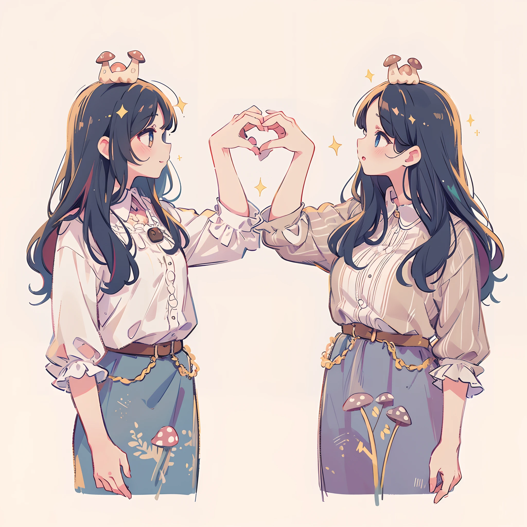 2 girl, Gothic ta, white background, cute eyes, sparkle skin, (mushroom on head), (masterpiece), (best quality),