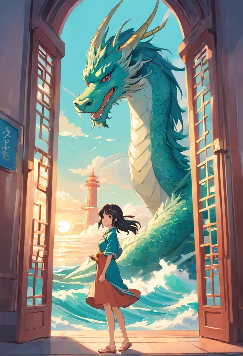 chinesedragon,the ocean,God girl,lighthouse, Art Nouveau style illustration, Detailed sky, chinapunk, Explanatory narrative,painting of a, quito school, Visual poetry