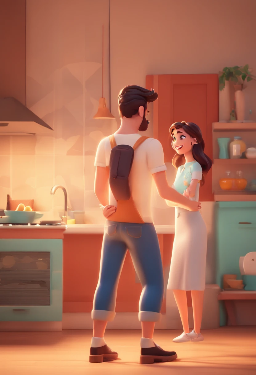An illustration of an adorable couple, destacando um homem e uma mulher com bonito, Expressive eyes – the man's skin is black and the man's hair is bald and black, while the woman's skin is black and the woman's hair is curly and brown. They are a bright room, cada um com um sorriso no rosto, e compartilhar um momento especial caracterizado pelo amor, arroz, e insights educacionais. Illustrate this scene from a perspective where they are facing away from the camera, Showing Your Connection. Desenvolva esta arte em Full HD, Focus on your cinematic touch, Estilo Disney Pixar Animations