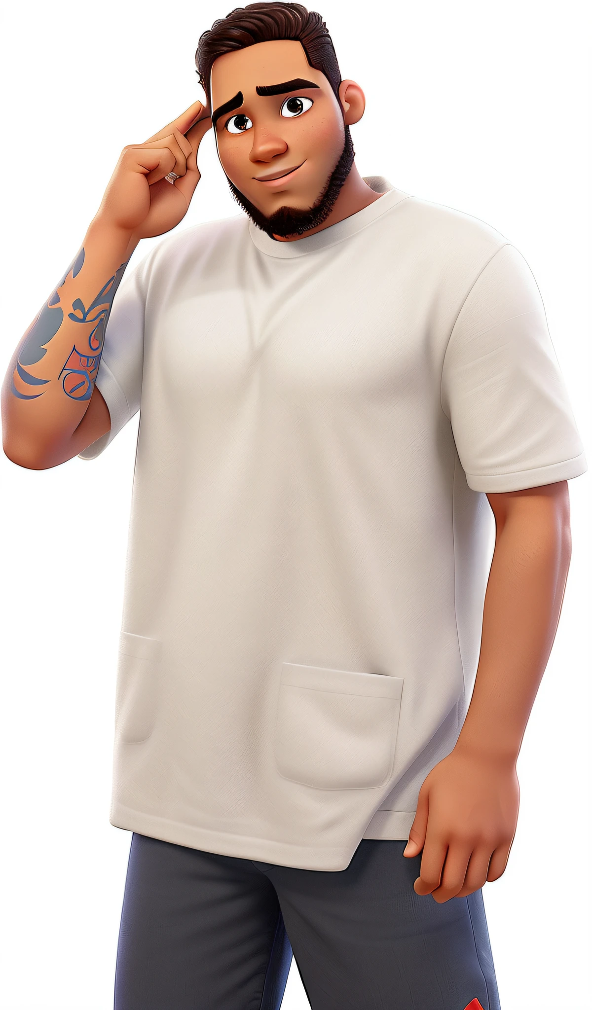Um jovem no estilo poster disney pixar, com o fundo branco, The young man is dark-skinned, cabelos bem curtos e usa barba