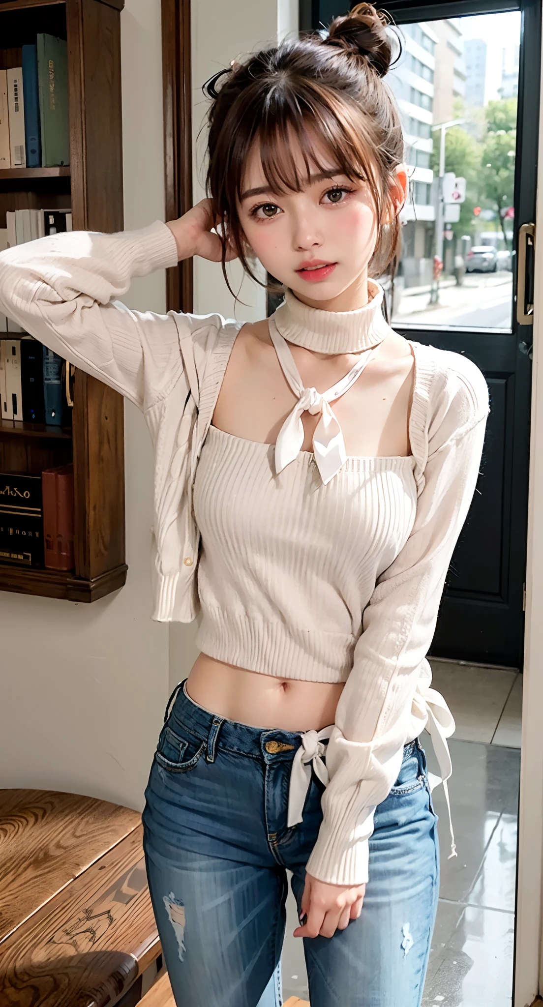 (((Kamimei、Bun hair、Mouth ajar))),(((((Tie and jeans turtleneck sweater、no sleeves、high-heels))))),((at the library、Reading a book、From  above))、masutepiece, 1girl in, best qualtiy, Ultra Detail, (shiny), (Small)、(((with blush cheeks,))),Ray tracing,Perfect Lighting, (milky skin:1.2),reflection,  up looking_で_viewer, blush, bow ribbon, yellow_Eyes, White choker, Low_Twin-tailed、Japan's cutest 28-year-old beautiful girl、Small ribbons in the hair、Contrast Legs