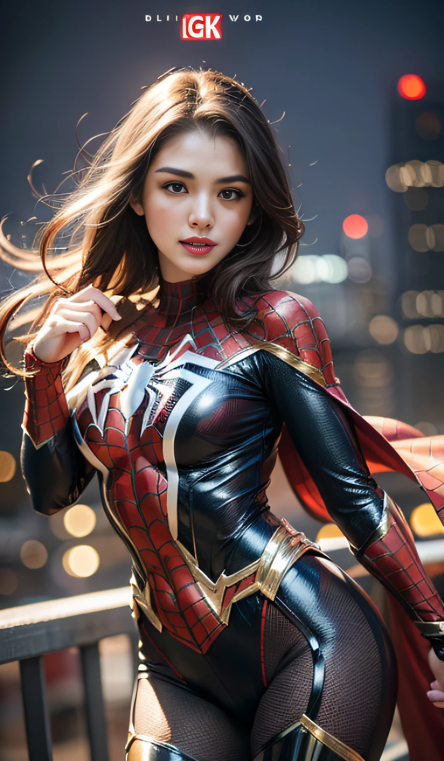 Detailed realistic beautiful female 18 year-old girl as Spiderman from Marvel, makeup, full body visible, brown hair, thin waist, athletic legs, realistic skin, photorealistic, athletic body, realistic, cinematic shot, (extremely detailed CG unity 8k wallpaper), trending on ArtStation, trending on CGSociety, High Detail, Sharp focus, dramatic, beautiful background, full shoot, high quality, (beautiful face), (detailed face), detailed hands, beautiful hands