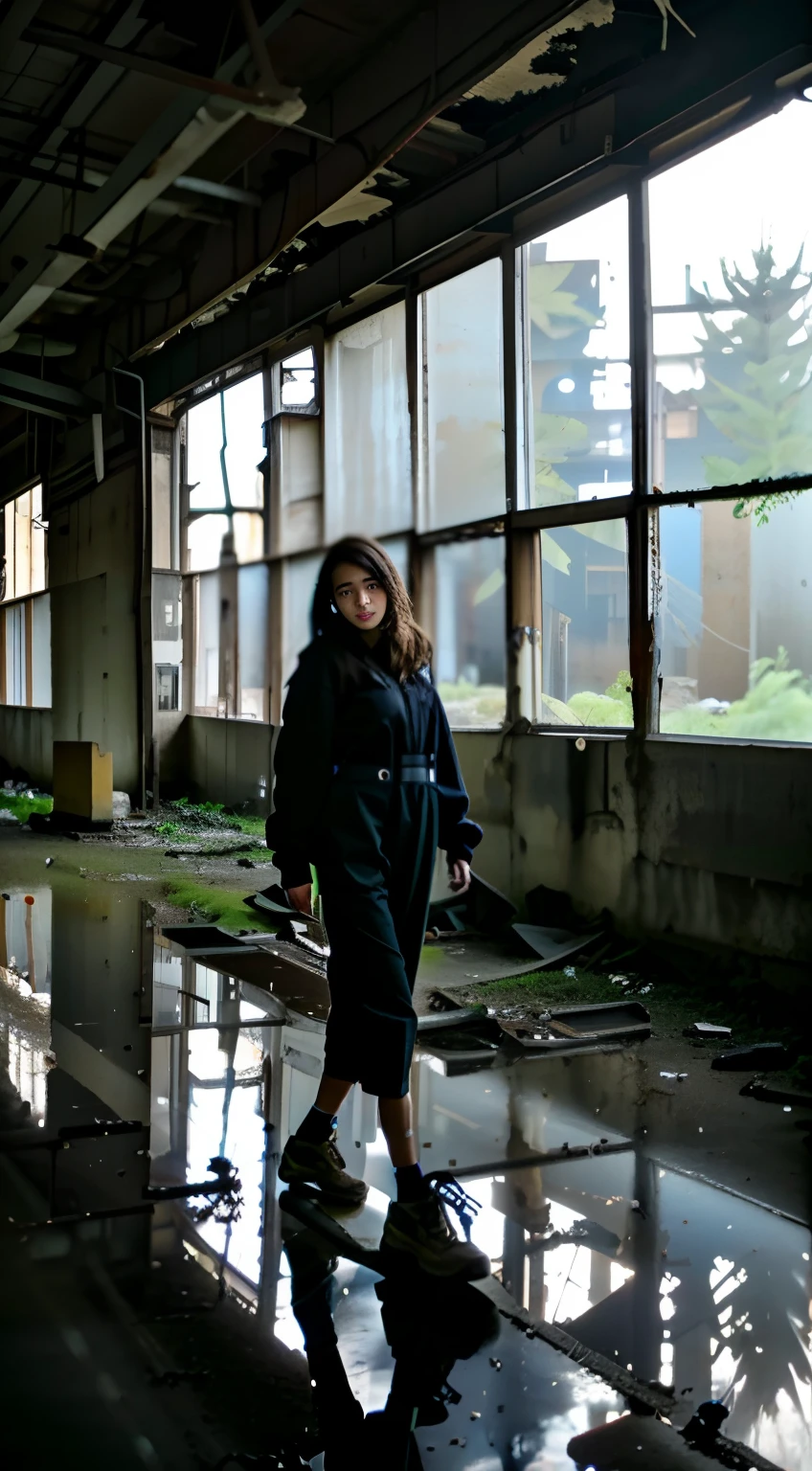 Arafe walks through an abandoned building reflected in the window, Standing in an abandoned building, Woman in a Dark Factory, enviromental portrait, in a post apocalyptic setting, Stand in the factory, In an abandoned warehouse, photography of a techwear woman, set in post apocalyptic tokyo, wide film still, standing in ruins, urban exploration