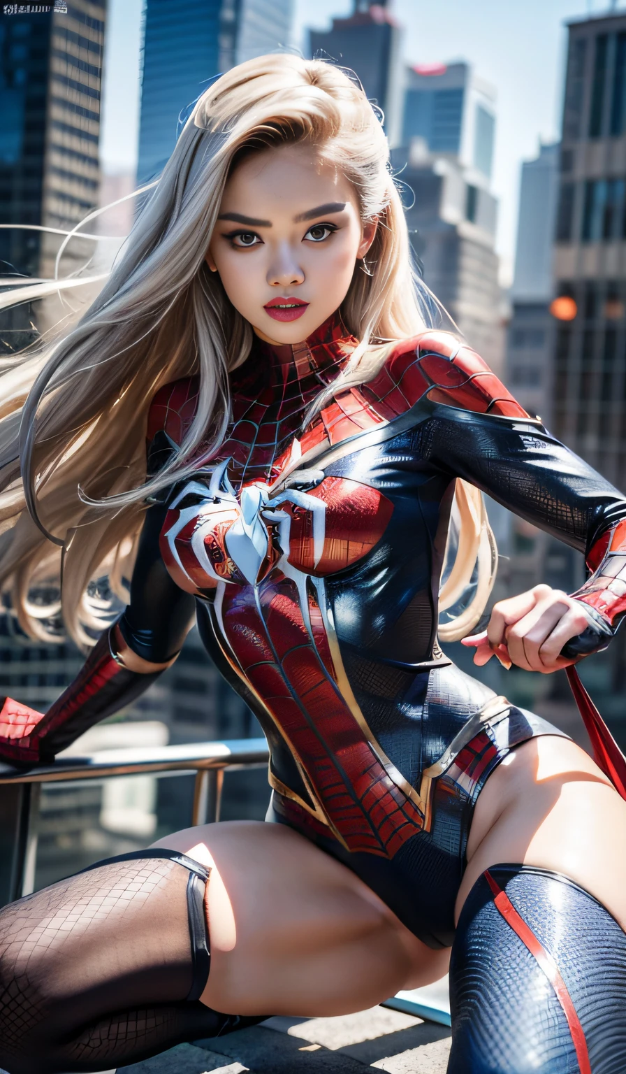（tmasterpiece：1.4）， （8K， realisticlying， RAW Photos， best qualtiy： 1.4）， japanes， （1girll）， beauitful face， （photorealiscic face：1.4）， （whaite hair， Long whit hair：1.3）， Beautiful hairstyle， beatiful detailed eyes， （Best Ratio Eyes：1.5）， Attractive， 超A high resolution， Ultra photo realsisim， ighly detailed， Optimal ratio， （Detailed face：1.4）， looking at viewert， Red Lipstick， （Best Ratio Fingers：1.5）， （White Superhero Theme， carismatic， There's a girl on top of town，Wearing a Spider-Man costume in lingerie，She's a superhero），[（（25-years old），full body Esbian，（Realistic blue eyes：1.2），（（Spider-Man pose），Show power，Jump from one building to another），（（Sandy urban environment）：0.8）|（Overlooking the city，the night，Dynamic Lights），（moon full））] # show：The Prompt mainly describes a 4k painting of ultra-high definition，Very realistic，Very detailed。Introducing superheroines at the top of the city，wearing spiderman costume。The subject of the painting is a white superhero theme，The heroine has long gray hair，He is 25 years old，The whole figure is shown in the picture。In terms of portraying the actions of superheroines，Spiders were used，