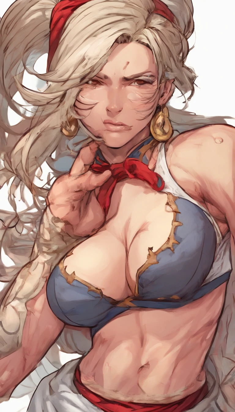 close-up areola slip,masterpiece, best quality, detailed:1.2),Perfect female body,1girl,Kratos, female focus,white long hair,(disgust),(blush),(scornful eyes),red lip,pale skin,off shoulder,tattoo,navel,thigh strap,boxing ring,breast curtains, gigantic breasts,areola_slip, sweatiest,panties,raised fist