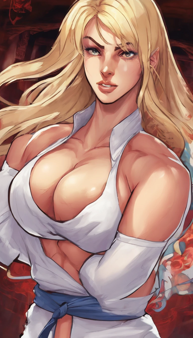 close-up areola slip,masterpiece, best quality, detailed:1.2),Perfect female body,1girl,Kratos, female focus,white long hair,(disgust),(blush),(scornful eyes),red lip,pale skin,off shoulder,tattoo,navel,thigh strap,boxing ring,breast curtains, gigantic breasts,areola_slip, sweatiest,panties,raised fist