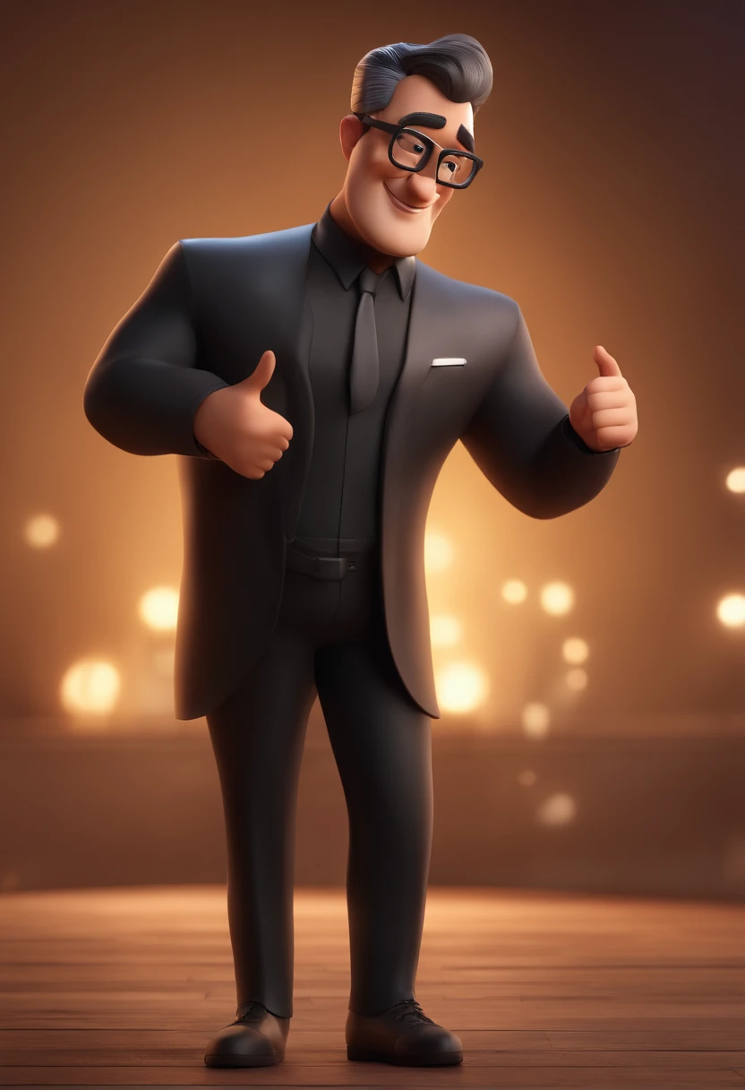 Cartoon character of a man wearing black glasses and a black shirt an animated character, Caractere estilizado, animation style rendering, 3D estilizado, Arnold Maya render, 3 d render stylized, toon render keyshot, Personagem 3D, Personagem 3D, 3d rendering stylized, 3 d character render, personagem de desenho animado, Personagem de close up, Pose de personagem, (Estilo Pixar) (master part:1.2) (Bokeh) (best quality) (pele detalhada) (textura detalhada) (8k) (argila) (Cinematic lighting) (foco nítido,Senta e vaza a parte superior do corpo com barba e 35 anos