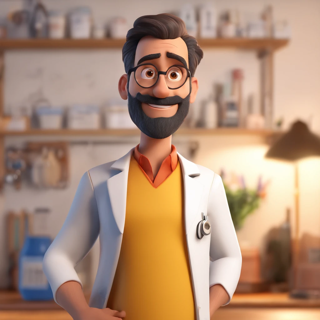 Make a Pixar Style Realistic Poster of 3D Animation. O personagem tem barba, cabelos curtos penteados para o lado esquerdo, wearing a white doctor's coat, Gold watch on the right wrist, Has an Arabian face, 8k