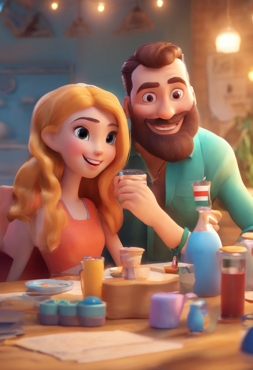 An illustration of an adorable couple, Destacando um homem e uma mulher com beleza, Expressive eyes – the man's hair is bald and brown and he has a full beard, While the woman's hair is tied up in a bun and blonde. They are a bright space, Todos com um sorriso no rosto, e compartilhe um momento especial, That is marked by love, viagem, and pedagogical insights. Ilustre esta cena a partir de uma perspectiva, where they're facing away from the camera, Show Your Connection. Desenvolva esta arte em Full HD, Focus on your cinematic touch, Estilo Disney Pixar Animations