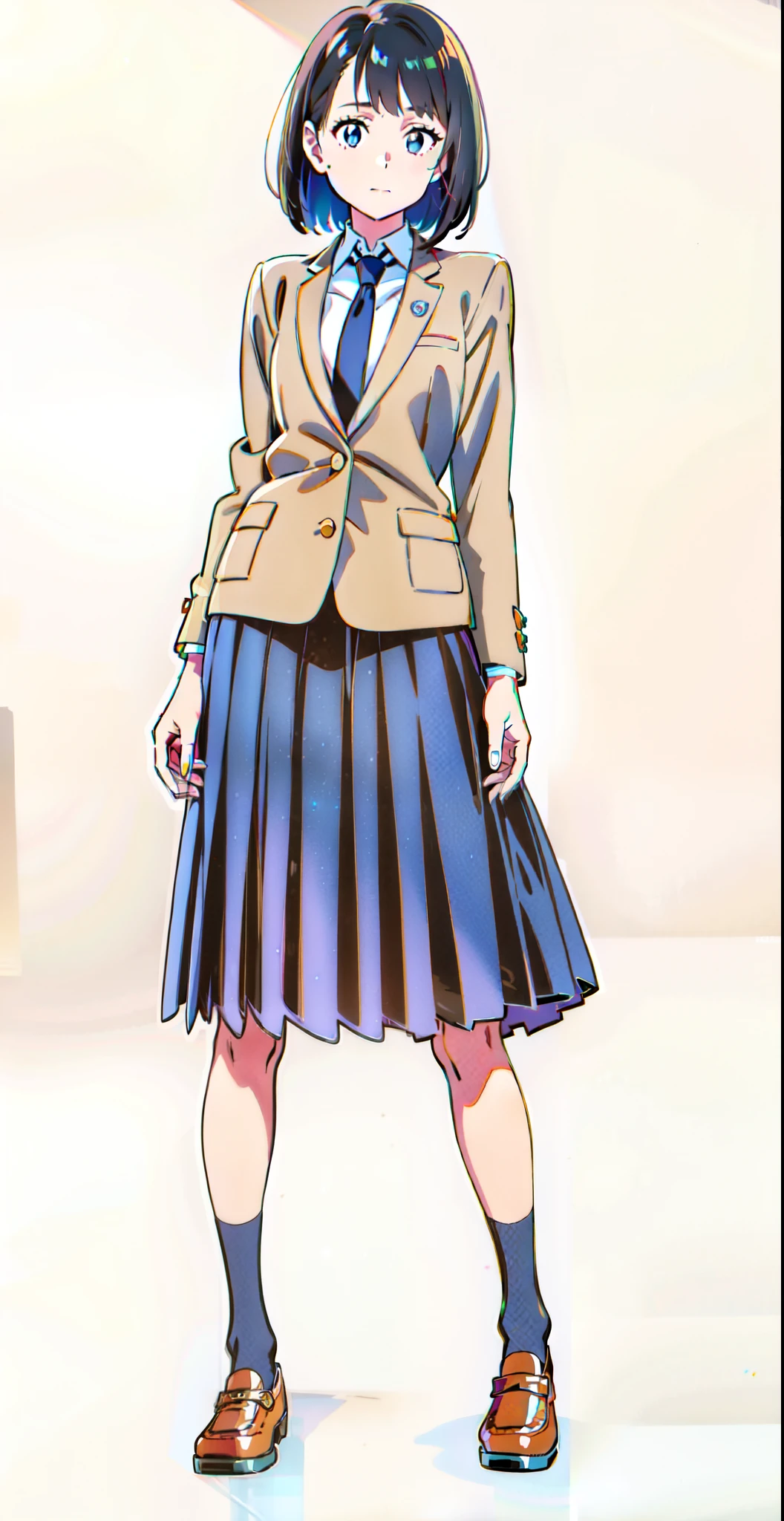 (tareme:1.0), (ideal ratio body proportions:1.0), (standing:1.0), (looking at viewer:1.0), (white background:1.0), (best quality:1.5), (masterpiece:1.0), (full body:1.0), (solo:1.0), (a 18yo cute girl:1.0), (long skirt:1.0), (dark blue skirt:1.0), (pleated skirt:1.0), (school uniform beige blazer:1.0), (dark blue necktie:1.0), (black socks:1.0), (loafers:1.0), (lanky:1.0), (tall:1.0), (slender:1.0), (small breasts:1.0), (detailed beautiful eyes:1.0), (detailed beautiful face:1.0), (glowing black eyes:1.0), (bob cut hair:1.0), (black hair:1.0)