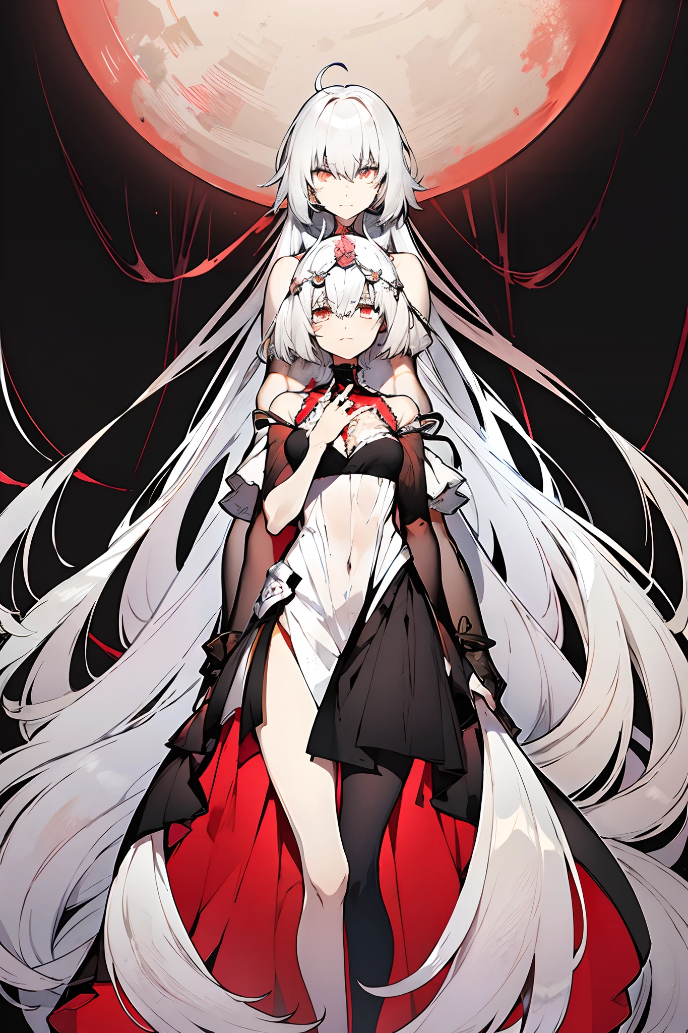 White-haired woman,Red aura around,beautidul eyes,White gauze dress, thin, It covers all vital organs except the face.., Wear a knee-length white dress...,The arm does not reach the top of the hip...,The arms are small., But the ligaments are very large...,Soft hands,at night,red moon,Turn to the side..