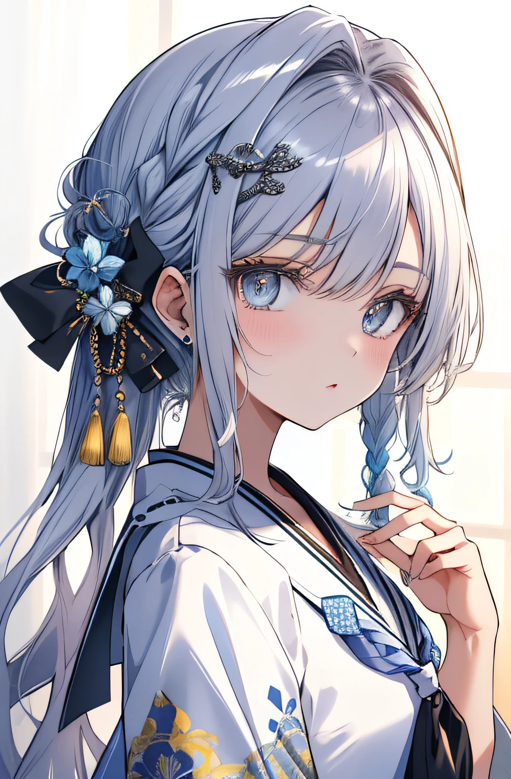 (best quality,4k,8k,highres,masterpiece:1.2),ultra-detailed,vibrant colors,soft shadows,masterful brushstrokes,meticulous details,impeccable rendering,rich skin tones,expressive eyes,and captivating expressions,golden hues, a japanese highschool student, blue and black jyoshi koukousei seifuku, silver white hair, right side braided into braids, left side one blue hairpin and one yellow hairpin, blue eye, shy