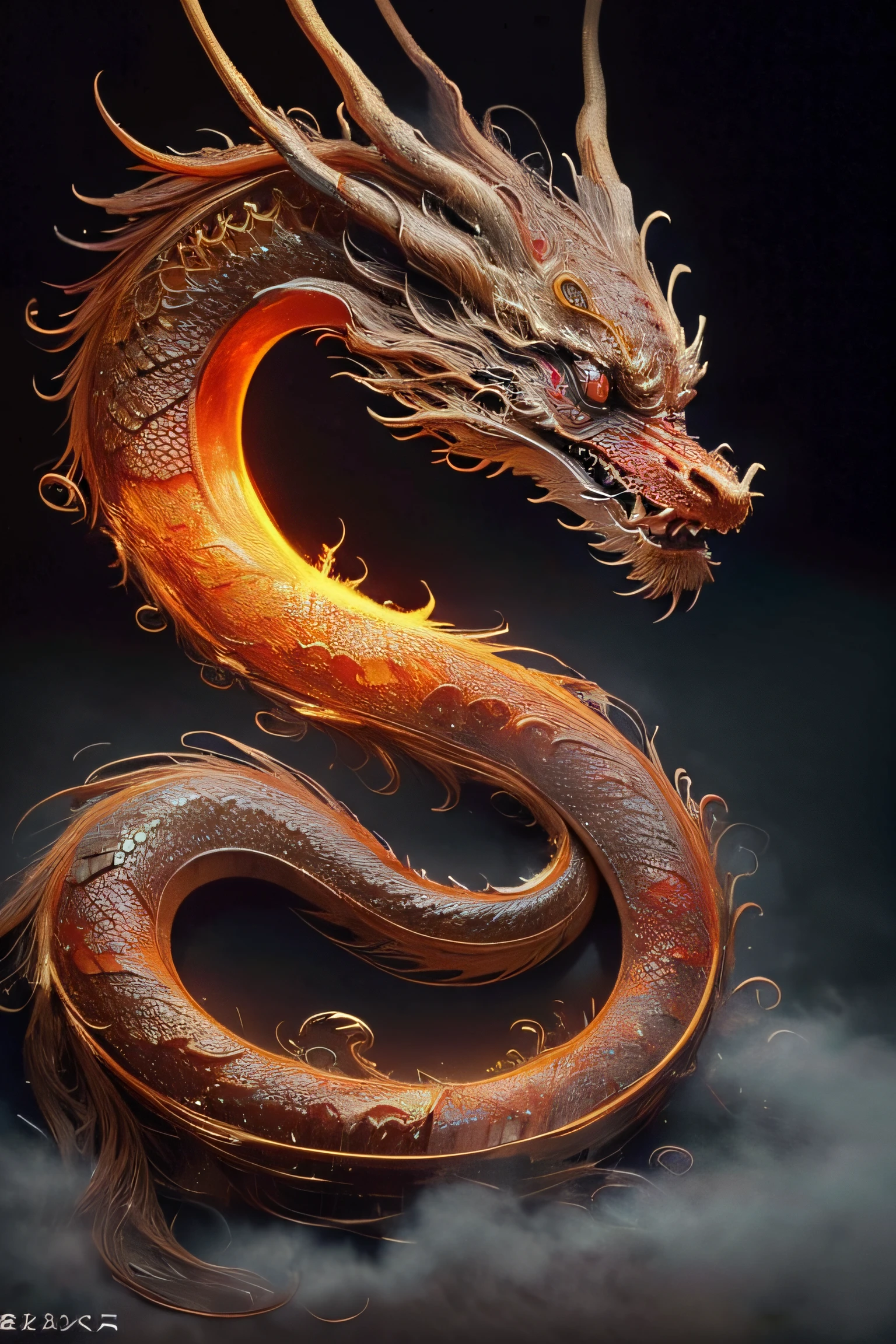 A golden snake with golden veins and edges, in addition to sacred geometries and golden mystical symbols on its black dragon body with golden details with a loving gaze 